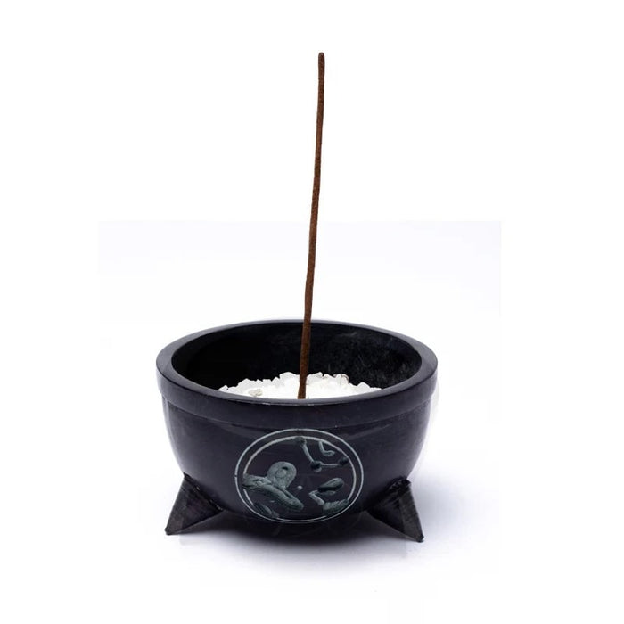 Incense bowl black soapstone Ohm with white stones