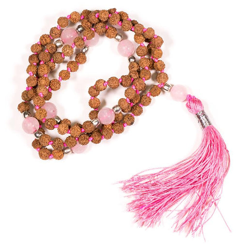 Mala Rosenkvarts - Mala Rudraksha and rose quartz with pink tass image