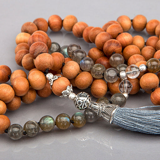 Mala labradorite, rock crystal and wooden beads with sandalwood  image