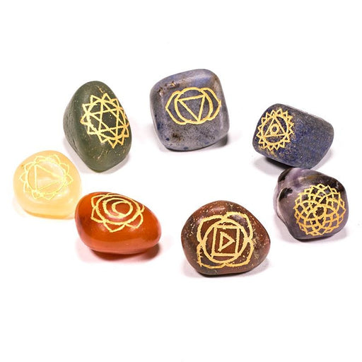 Chakra symbols engraved tumbled stones SET of 7 image