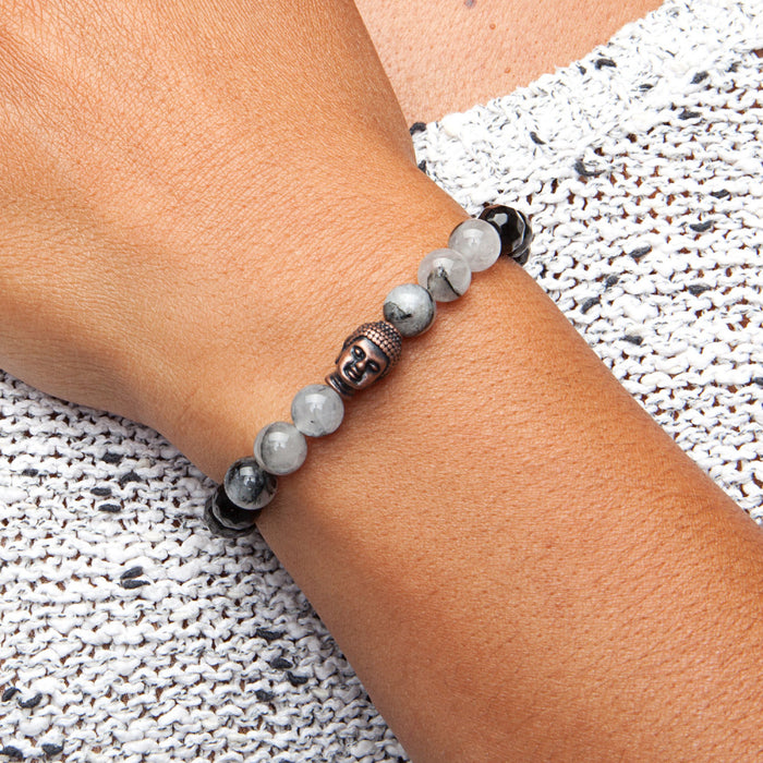 Mala armbånd bracelet, black rutilated quarz & black agate (fash image